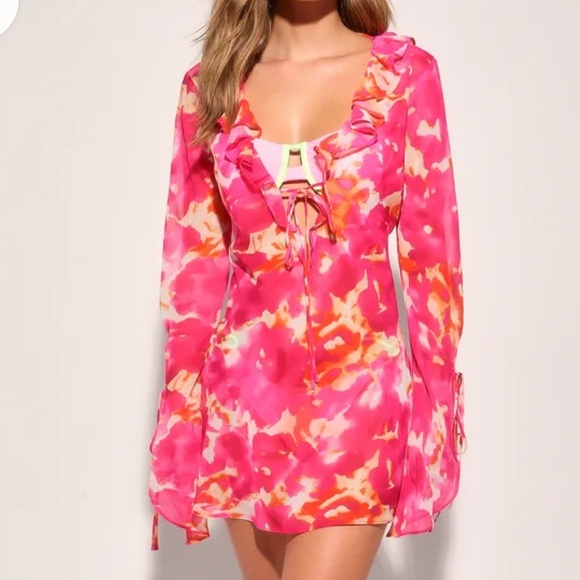 Sandy and Stunning Hot Pink Abstract Print Sheer Swim Cover-Up - Picture 1 of 2